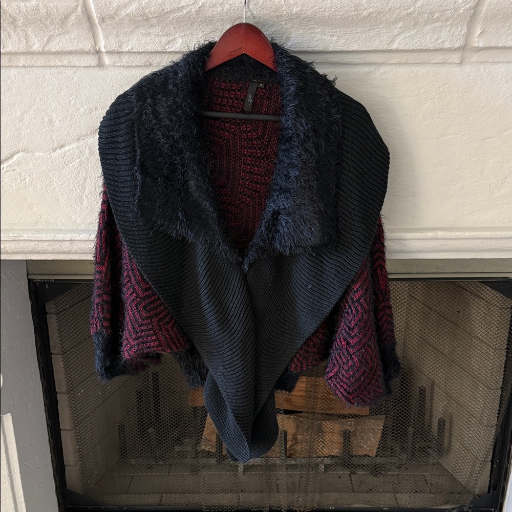 Women's Black and Red Sweater with Faux Fur Collar
